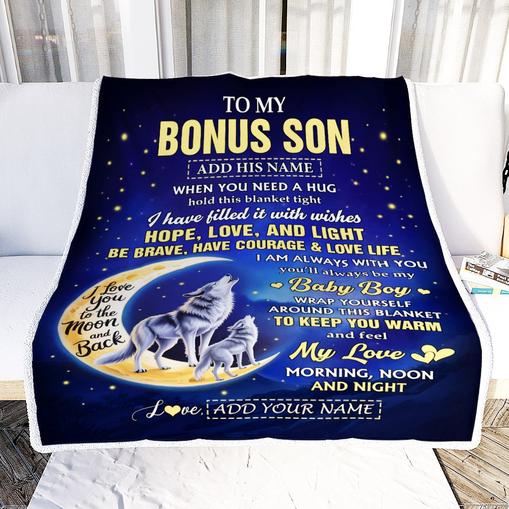 Personalized To My Bonus Son Gifts From Stepmom Stepdad Blanket I Love You Moon And Back Wolf Stepson Birthday Gifts Christmas Graduation Fleece Blanket | siriusteestore