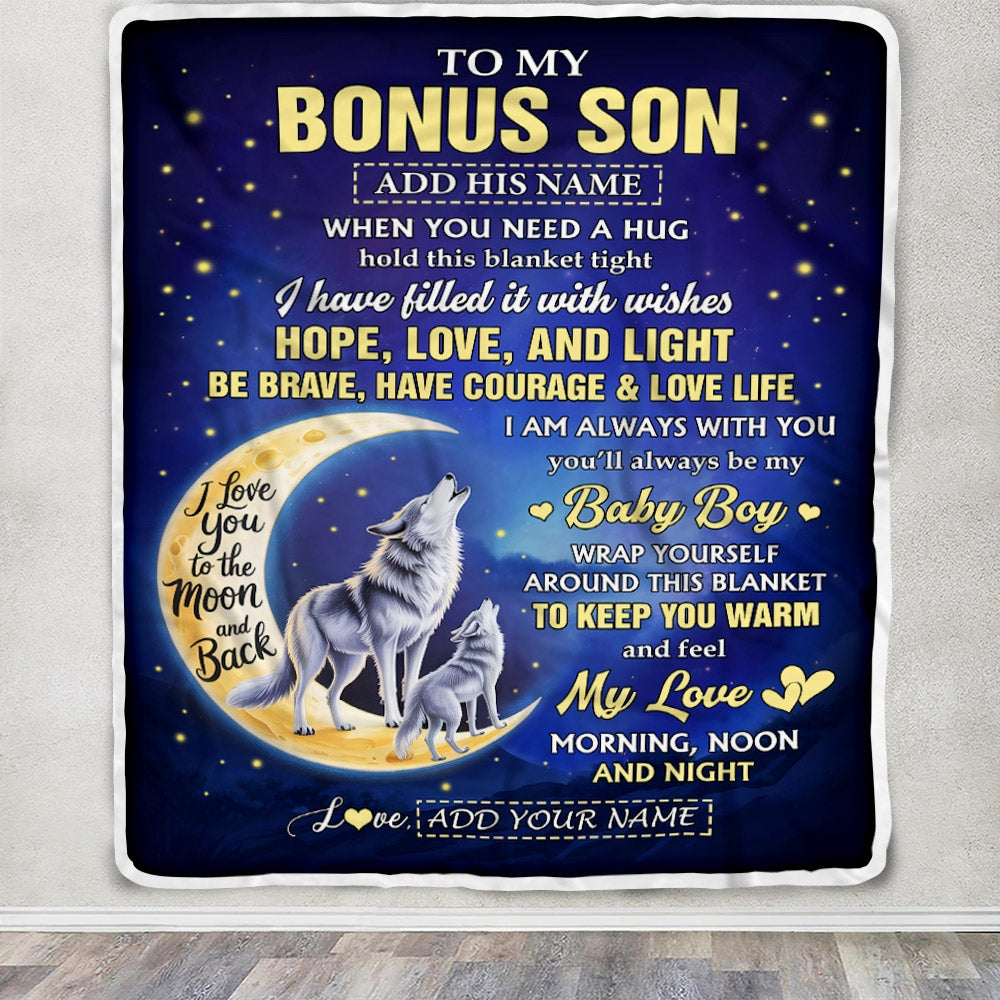 Personalized To My Bonus Son Gifts From Stepmom Stepdad Blanket I Love You Moon And Back Wolf Stepson Birthday Gifts Christmas Graduation Fleece Blanket | siriusteestore