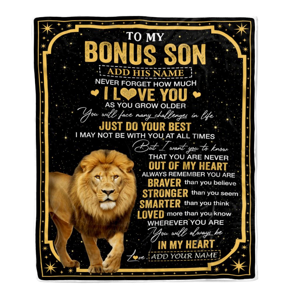 Personalized To My Bonus Son Gifts From Stepmom Stepdad Blanket Lion I Love You Graduation Birthday Gifts For Stepson Christmas Customized Fleece Throw Blanket | siriusteestore