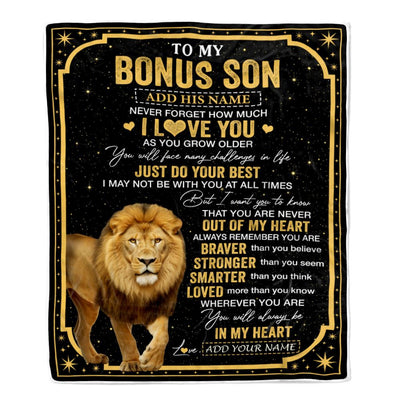 Personalized To My Bonus Son Gifts From Stepmom Stepdad Blanket Lion I Love You Graduation Birthday Gifts For Stepson Christmas Customized Fleece Throw Blanket | siriusteestore