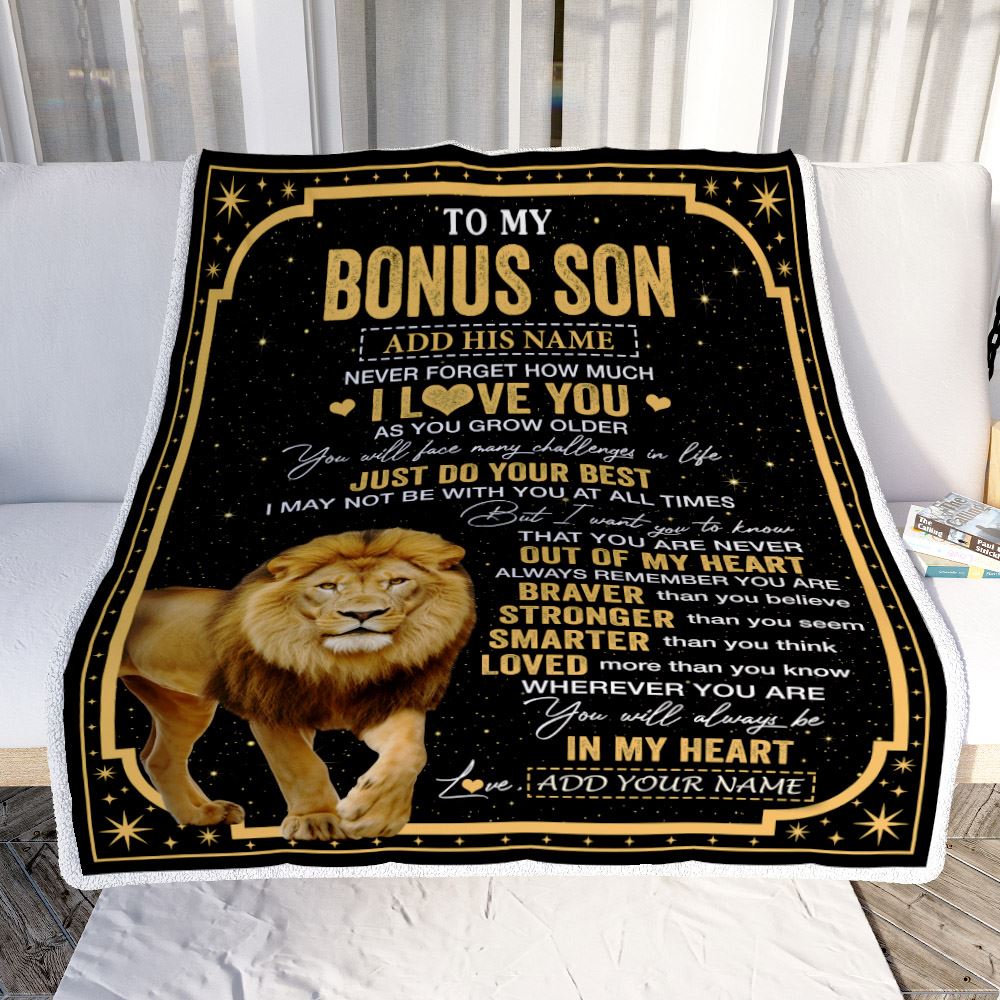 Personalized To My Bonus Son Gifts From Stepmom Stepdad Blanket Lion I Love You Graduation Birthday Gifts For Stepson Christmas Customized Fleece Throw Blanket | siriusteestore