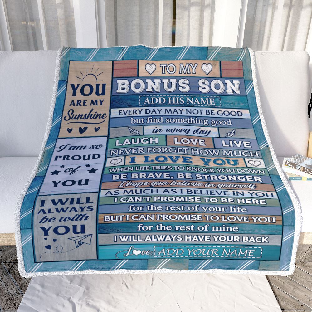 Personalized To My Bonus Son Gifts From Stepmom Stepdad Blanket Wood I Love You Birthday Graduation Gifts For Stepson Christmas Customized Fleece Blanket | siriusteestore