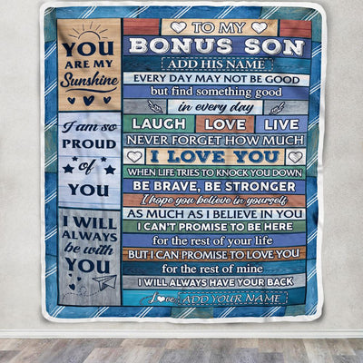 Personalized To My Bonus Son Gifts From Stepmom Stepdad Blanket Wood I Love You Birthday Graduation Gifts For Stepson Christmas Customized Fleece Blanket | siriusteestore