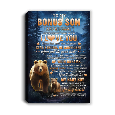 Personalized To My Bonus Son Gifts From Stepmom Stepdad Canvas Bear Never Forget How Much I Love You Stepson Birthday Graduation Christmas Custom Print Framed Canvas | siriusteestore