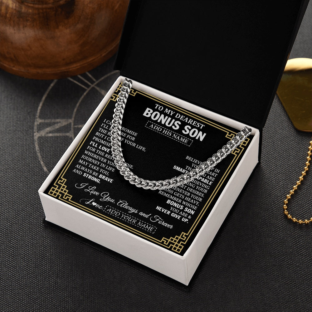 Cuban Link Chain Necklace Stainless Steel | 2 | Personalized To My Bonus Son Gifts From Stepmom Stepdad Cross Necklace Never Give Up Inspirational Gift For Stepson Birthday Christmas Gift Box Message Card | https://siriusteestore.