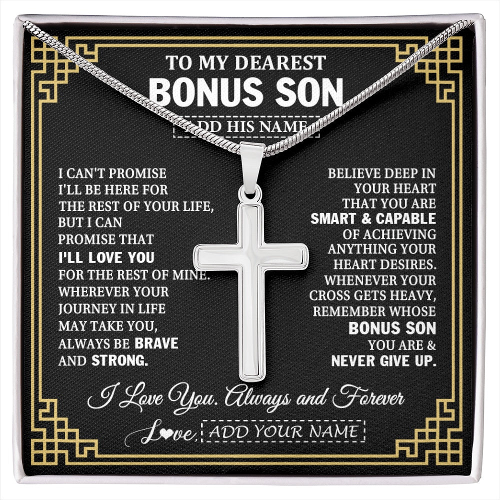 Stainless Cross Necklace Stainless Steel | 1 | Personalized To My Bonus Son Gifts From Stepmom Stepdad Cross Necklace Never Give Up Inspirational Gift For Stepson Birthday Christmas Gift Box Message Card | https://siriusteestore.