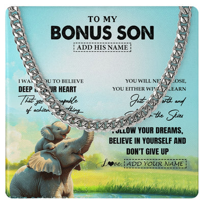 Cuban Link Chain Necklace Stainless Steel | 1 | Personalized To My Bonus Son Gifts From Stepmom Stepdad Necklace Don't Give Up Elephant Gifts For Stepson Birthday Graduation Christmas Gift Box Message Card | https://siriusteestore.