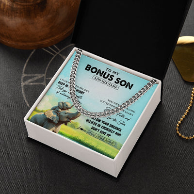 Cuban Link Chain Necklace Stainless Steel | 2 | Personalized To My Bonus Son Gifts From Stepmom Stepdad Necklace Don't Give Up Elephant Gifts For Stepson Birthday Graduation Christmas Gift Box Message Card | https://siriusteestore.
