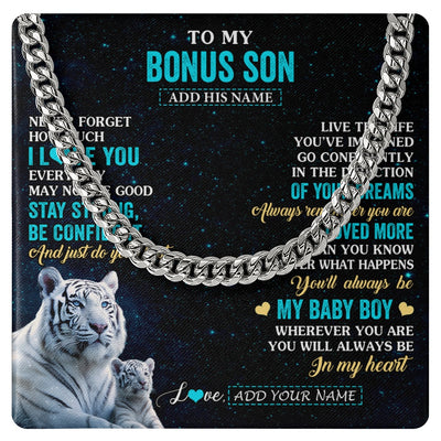 Cuban Link Chain Necklace Stainless Steel | 1 | Personalized To My Bonus Son Gifts From Stepmom Stepdad Necklace White Tiger Never Forget How Much I Love You Stepson Birthday Christmas Gift Box Message Card | siriusteestore.myshopify