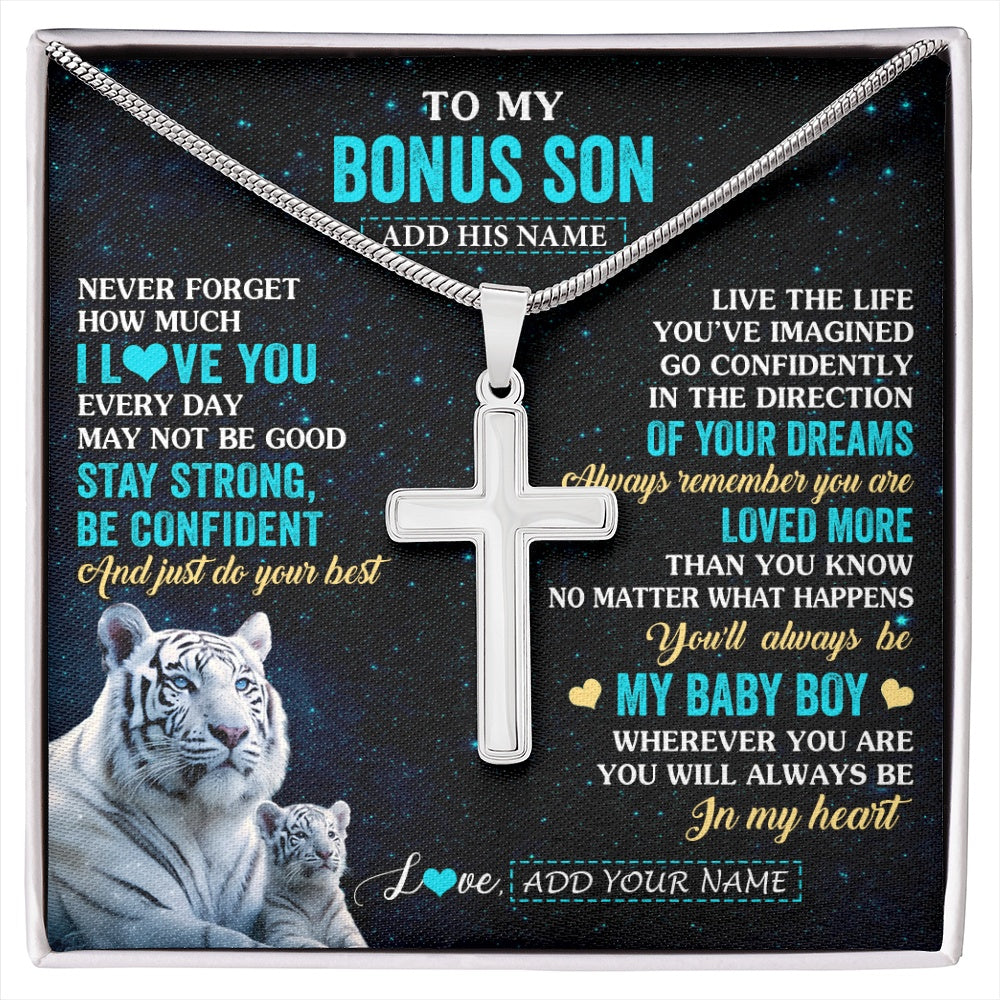 Stainless Cross Necklace Stainless Steel | 1 | Personalized To My Bonus Son Gifts From Stepmom Stepdad Necklace White Tiger Never Forget How Much I Love You Stepson Birthday Christmas Gift Box Message Card | siriusteestore.myshopify