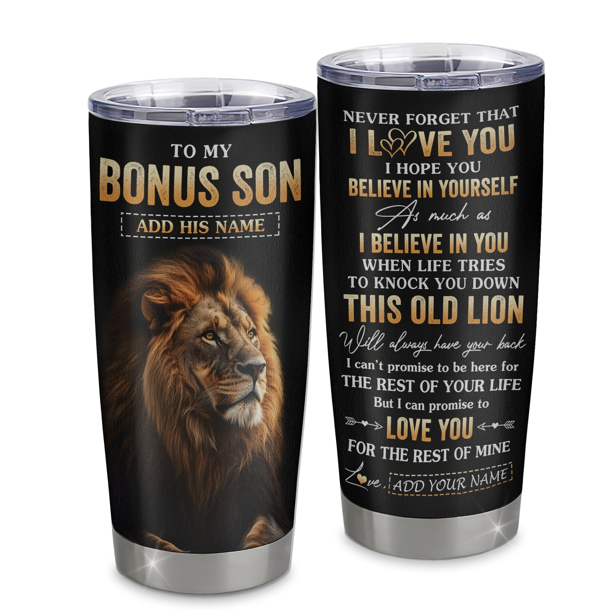 Personalized To My Bonus Son Gifts From Stepmom Stepdad Tumbler Old Lion Love You Stepson Birthday Gifts Graduation Christmas Custom Stainless Steel Cup Travel Mug | siriusteestore