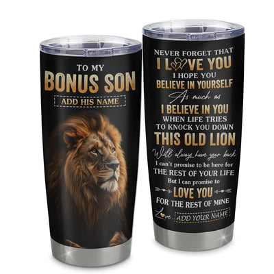 Personalized To My Bonus Son Gifts From Stepmom Stepdad Tumbler Old Lion Love You Stepson Birthday Gifts Graduation Christmas Custom Stainless Steel Cup Travel Mug | siriusteestore