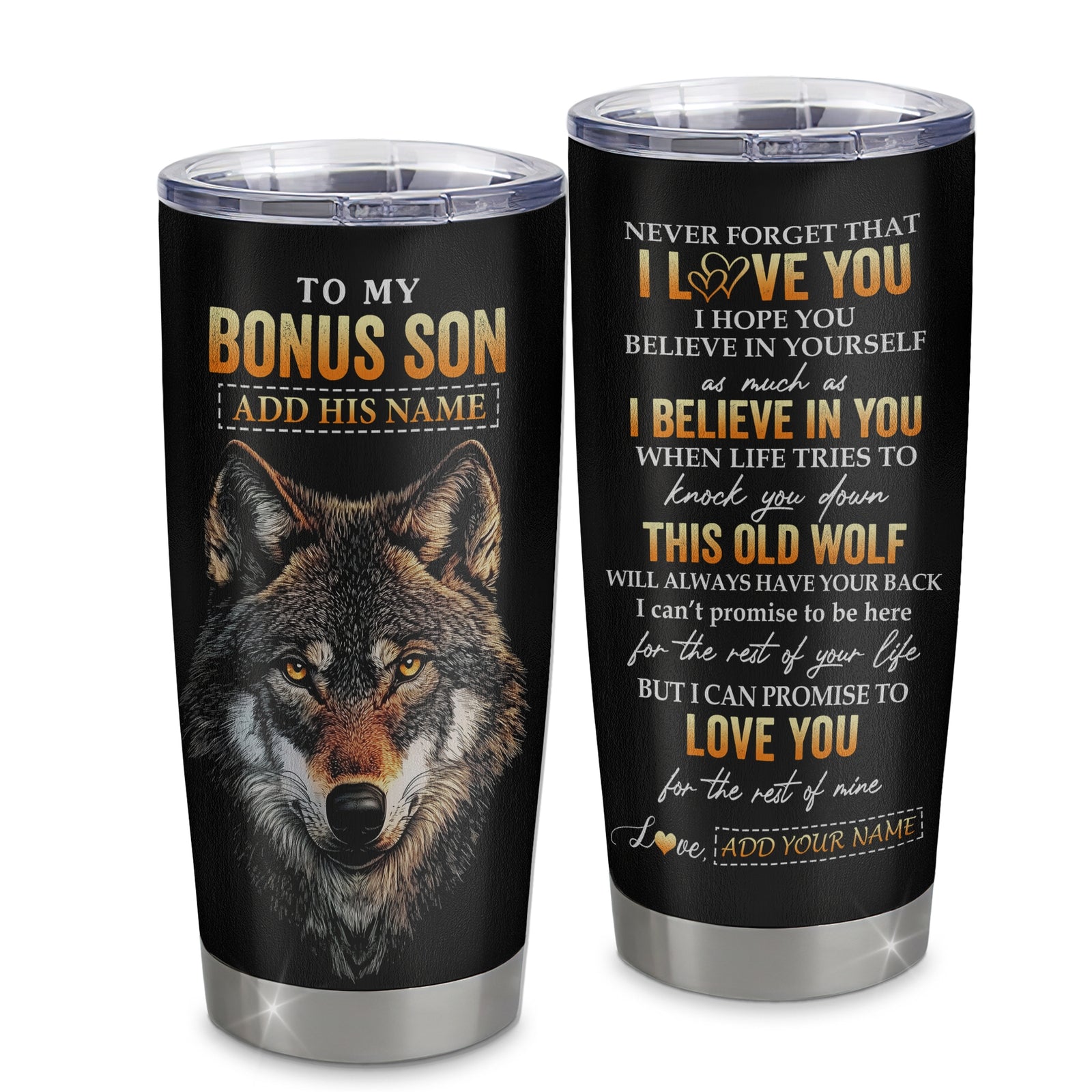 Personalized To My Bonus Son Gifts From Stepmom Stepdad Tumbler Old Wolf Love You Stepson Birthday Gifts Graduation Christmas Custom Stainless Steel Cup Travel Mug | siriusteestore
