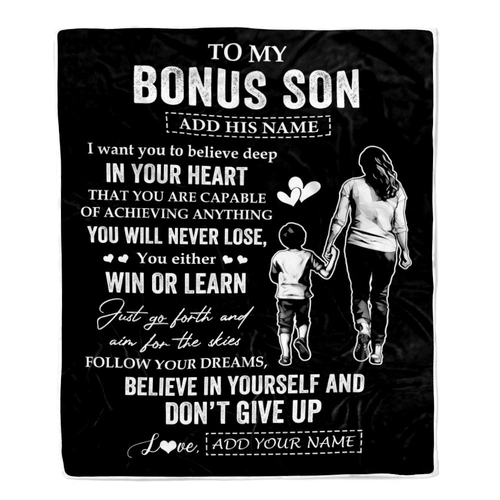 Personalized To My Bonus Son Gifts From Stepmother Blanket Don't Give Up Stepmom Gifts For Stepson Birthday Graduation Christmas Customized Fleece Blanket | siriusteestore
