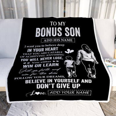 Personalized To My Bonus Son Gifts From Stepmother Blanket Don't Give Up Stepmom Gifts For Stepson Birthday Graduation Christmas Customized Fleece Blanket | siriusteestore