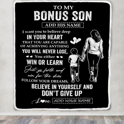 Personalized To My Bonus Son Gifts From Stepmother Blanket Don't Give Up Stepmom Gifts For Stepson Birthday Graduation Christmas Customized Fleece Blanket | siriusteestore