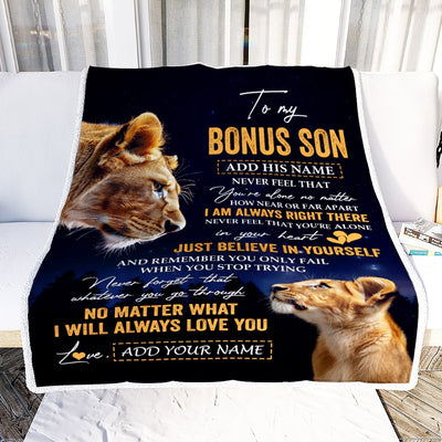Personalized To My Bonus Son Gifts From Stepmother Blanket Lion Never Feel Alone Birthday Gifts Stepson Graduation Valentines Christmas Custom Fleece Blanket | siriusteestore