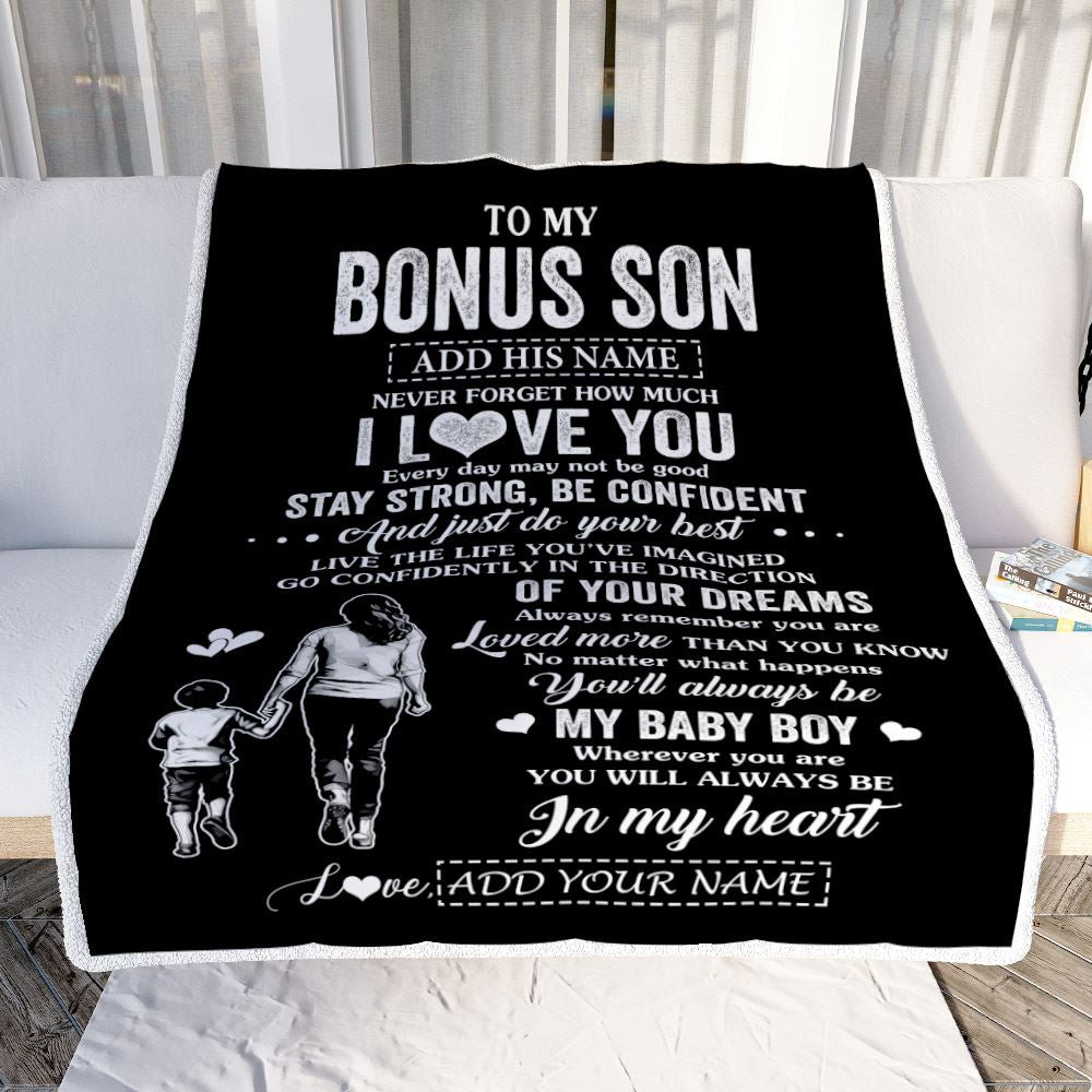 Personalized To My Bonus Son Gifts From Stepmother Blanket Never Forget How Much I Love You Stepson Birthday Graduation Christmas Customized Fleece Blanket | siriusteestore