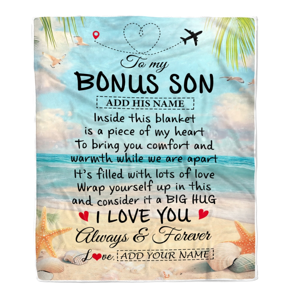 Personalized To My Bonus Son Gifts From Stepmother Dad Blanket Beach I Love You Birthday Gifts Graduation For Stepson Christmas Fleece Blanket | siriusteestore