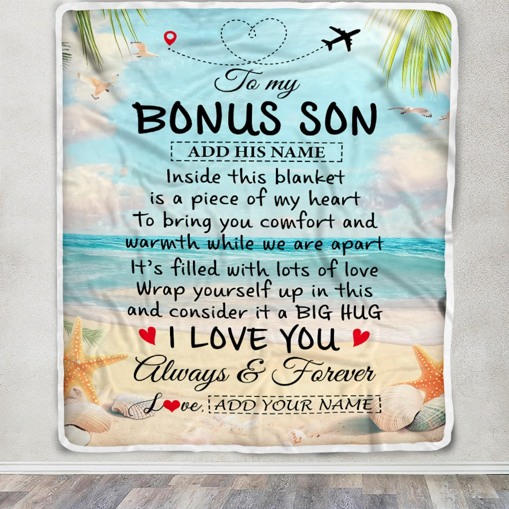 Personalized To My Bonus Son Gifts From Stepmother Dad Blanket Beach I Love You Birthday Gifts Graduation For Stepson Christmas Fleece Blanket | siriusteestore