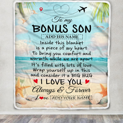 Personalized To My Bonus Son Gifts From Stepmother Dad Blanket Beach I Love You Birthday Gifts Graduation For Stepson Christmas Fleece Blanket | siriusteestore