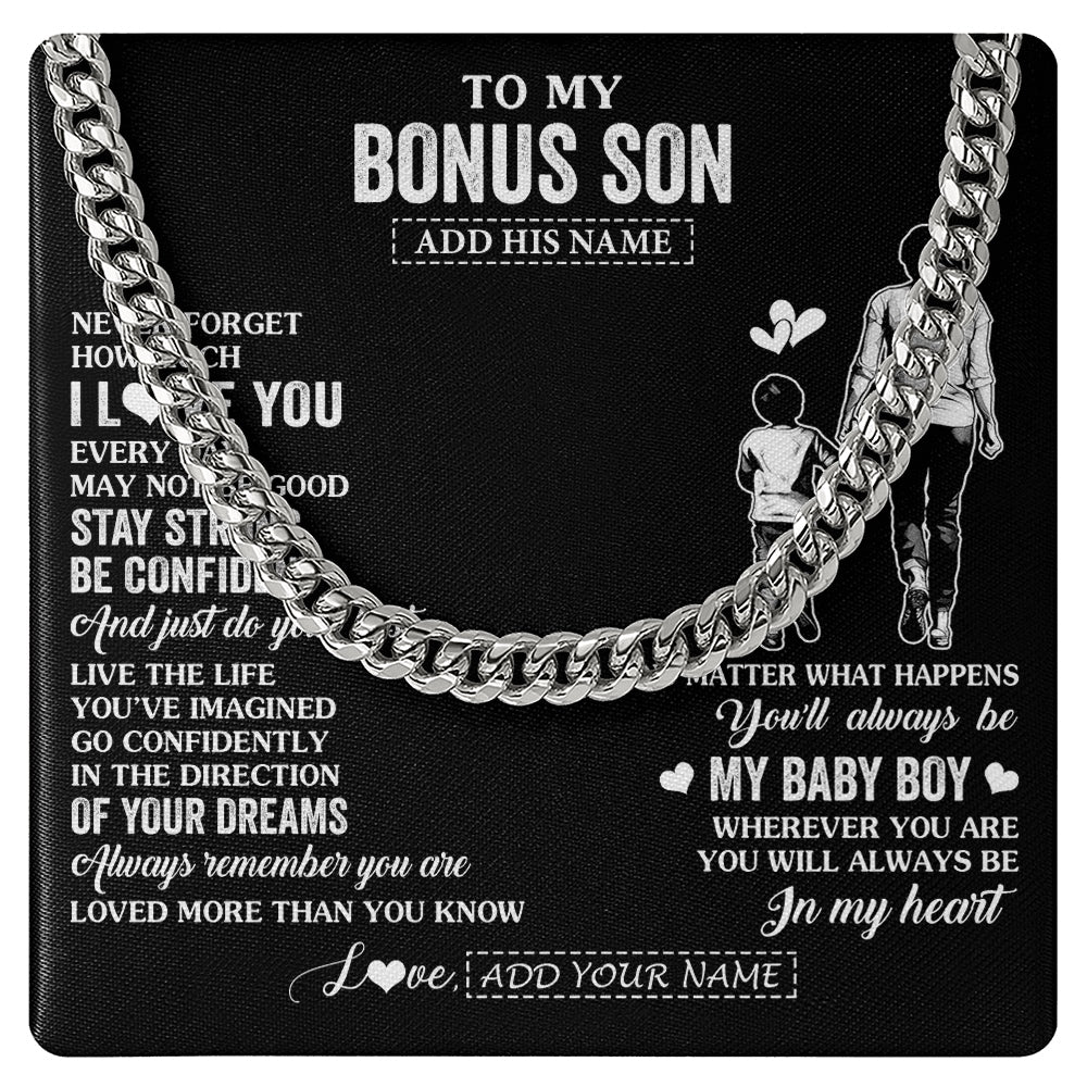 Cuban Link Chain Necklace Stainless Steel | 1 | Personalized To My Bonus Son Gifts From Stepmother Necklace Never Forget How Much I Love You Stepson Birthday Graduation Christmas Custom Gift Box Message Card | https://siriusteestore.