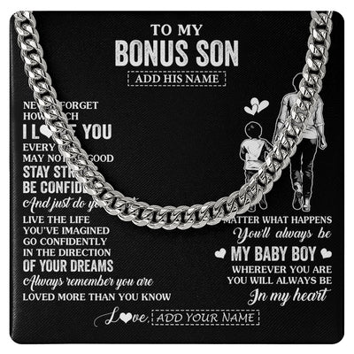 Cuban Link Chain Necklace Stainless Steel | 1 | Personalized To My Bonus Son Gifts From Stepmother Necklace Never Forget How Much I Love You Stepson Birthday Graduation Christmas Custom Gift Box Message Card | https://siriusteestore.