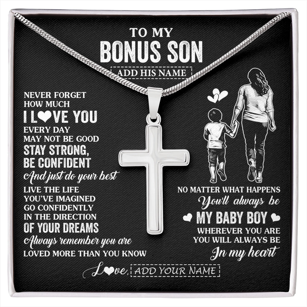 Stainless Cross Necklace Stainless Steel | 1 | Personalized To My Bonus Son Gifts From Stepmother Necklace Never Forget How Much I Love You Stepson Birthday Graduation Christmas Custom Gift Box Message Card | https://siriusteestore.