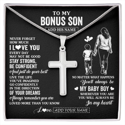 Stainless Cross Necklace Stainless Steel | 1 | Personalized To My Bonus Son Gifts From Stepmother Necklace Never Forget How Much I Love You Stepson Birthday Graduation Christmas Custom Gift Box Message Card | https://siriusteestore.