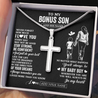 Stainless Cross Necklace Stainless Steel | 2 | Personalized To My Bonus Son Gifts From Stepmother Necklace Never Forget How Much I Love You Stepson Birthday Graduation Christmas Custom Gift Box Message Card | https://siriusteestore.