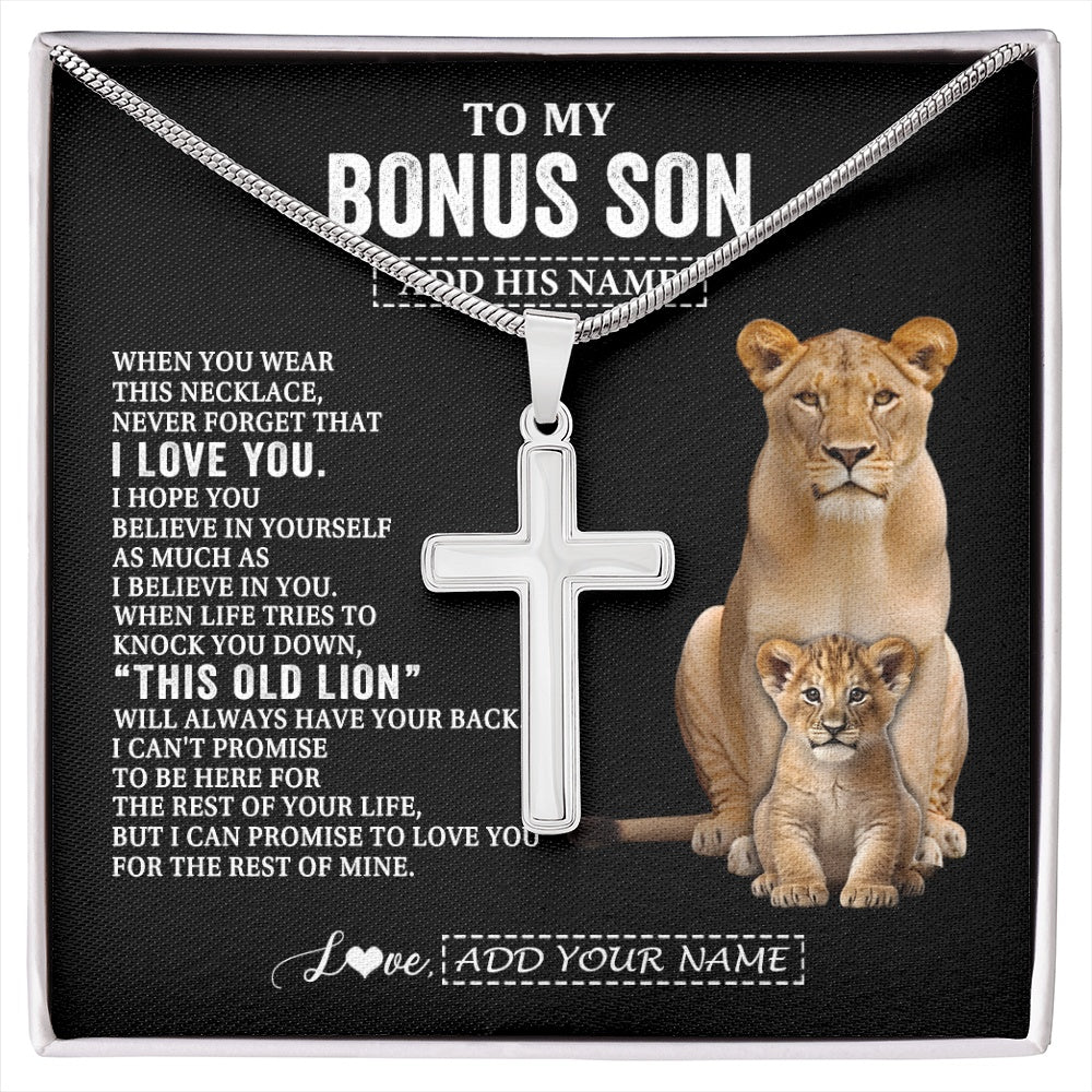 Stainless Cross Necklace Stainless Steel | 1 | Personalized To My Bonus Son Gifts From Stepmother Necklace This Old Lion Love You Stepson Birthday Gifts Graduation Christmas Customized Gift Box Message Card | https://siriusteestore.