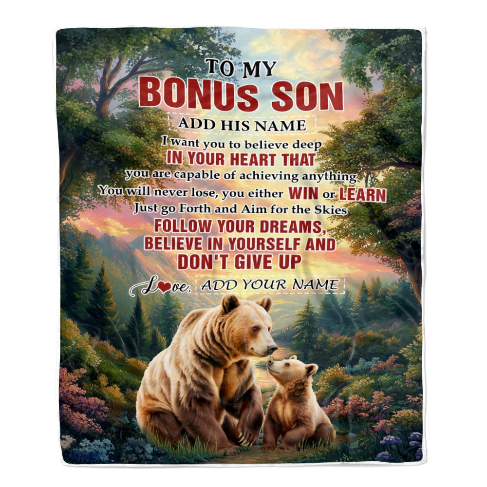 Personalized To My Bonus Son Gifts From Stepmother Stepdad Blanket Don't Give Up Bear Gifts For Stepson Birthday Graduation Christmas Customized Fleece Blanket | siriusteestore