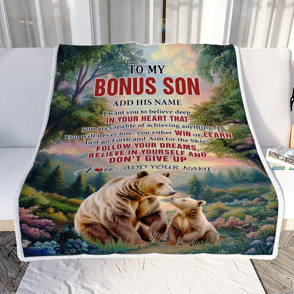 Personalized To My Bonus Son Gifts From Stepmother Stepdad Blanket Don't Give Up Bear Gifts For Stepson Birthday Graduation Christmas Customized Fleece Blanket | siriusteestore
