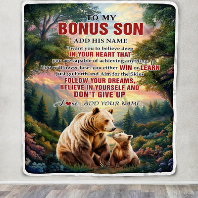 Personalized To My Bonus Son Gifts From Stepmother Stepdad Blanket Don't Give Up Bear Gifts For Stepson Birthday Graduation Christmas Customized Fleece Blanket | siriusteestore