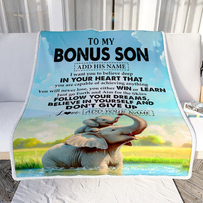 Personalized To My Bonus Son Gifts From Stepmother Stepdad Blanket Don't Give Up Elephant Gifts For Stepson Birthday Graduation Christmas Fleece Blanket | siriusteestore