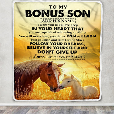 Personalized To My Bonus Son Gifts From Stepmother Stepdad Blanket Don't Give Up Horse Gifts For Stepson Birthday Graduation Christmas Custom Fleece Blanket | siriusteestore