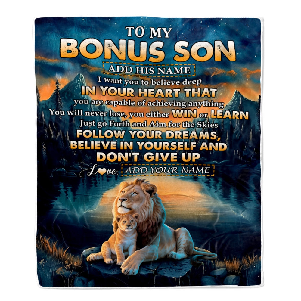 Personalized To My Bonus Son Gifts From Stepmother Stepdad Blanket Don't Give Up Lion Gifts For Stepson Birthday Graduation Christmas Customized Fleece Blanket | siriusteestore