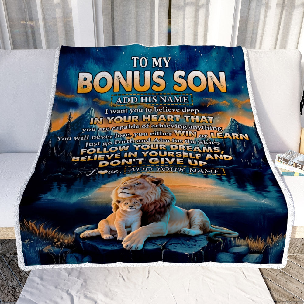 Personalized To My Bonus Son Gifts From Stepmother Stepdad Blanket Don't Give Up Lion Gifts For Stepson Birthday Graduation Christmas Customized Fleece Blanket | siriusteestore