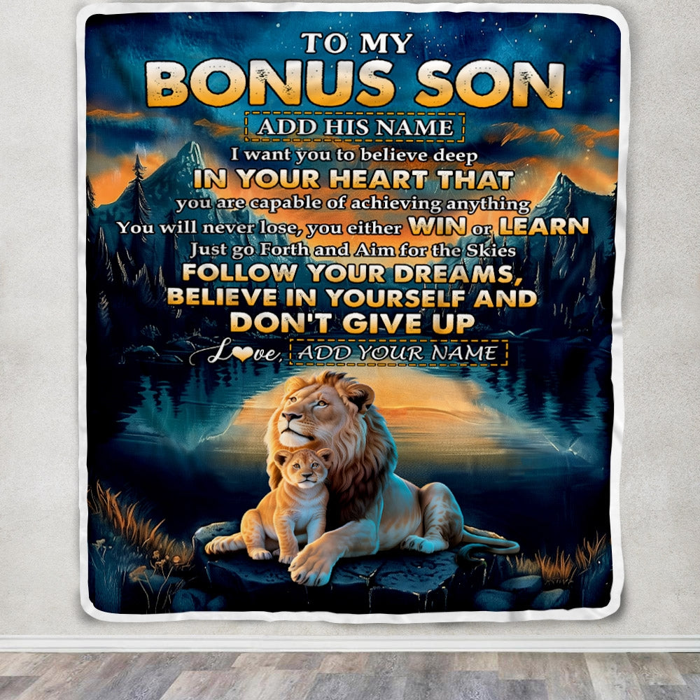 Personalized To My Bonus Son Gifts From Stepmother Stepdad Blanket Don't Give Up Lion Gifts For Stepson Birthday Graduation Christmas Customized Fleece Blanket | siriusteestore