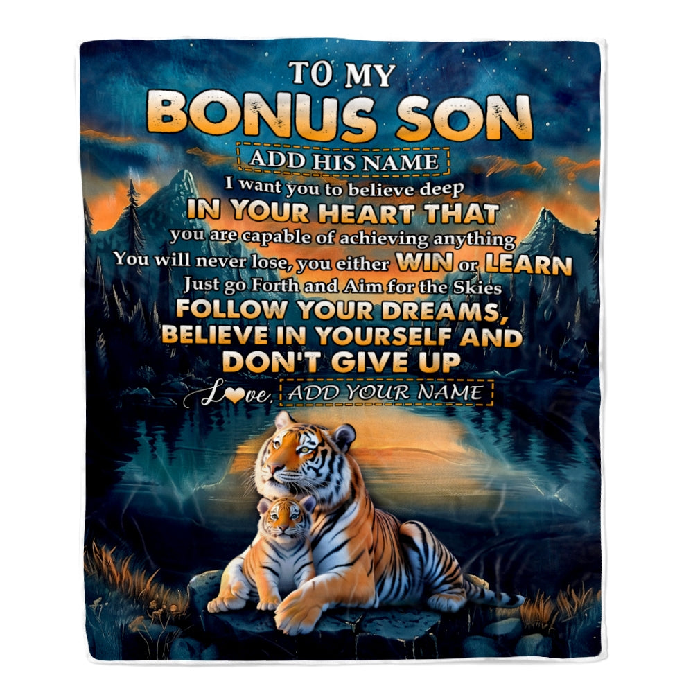 Personalized To My Bonus Son Gifts From Stepmother Stepdad Blanket Don't Give Up Tiger Gifts For Stepson Birthday Graduation Christmas Custom Fleece Blanket | siriusteestore