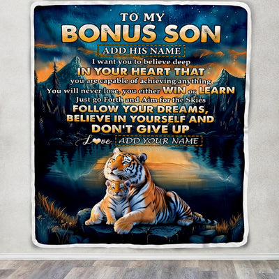Personalized To My Bonus Son Gifts From Stepmother Stepdad Blanket Don't Give Up Tiger Gifts For Stepson Birthday Graduation Christmas Custom Fleece Blanket | siriusteestore
