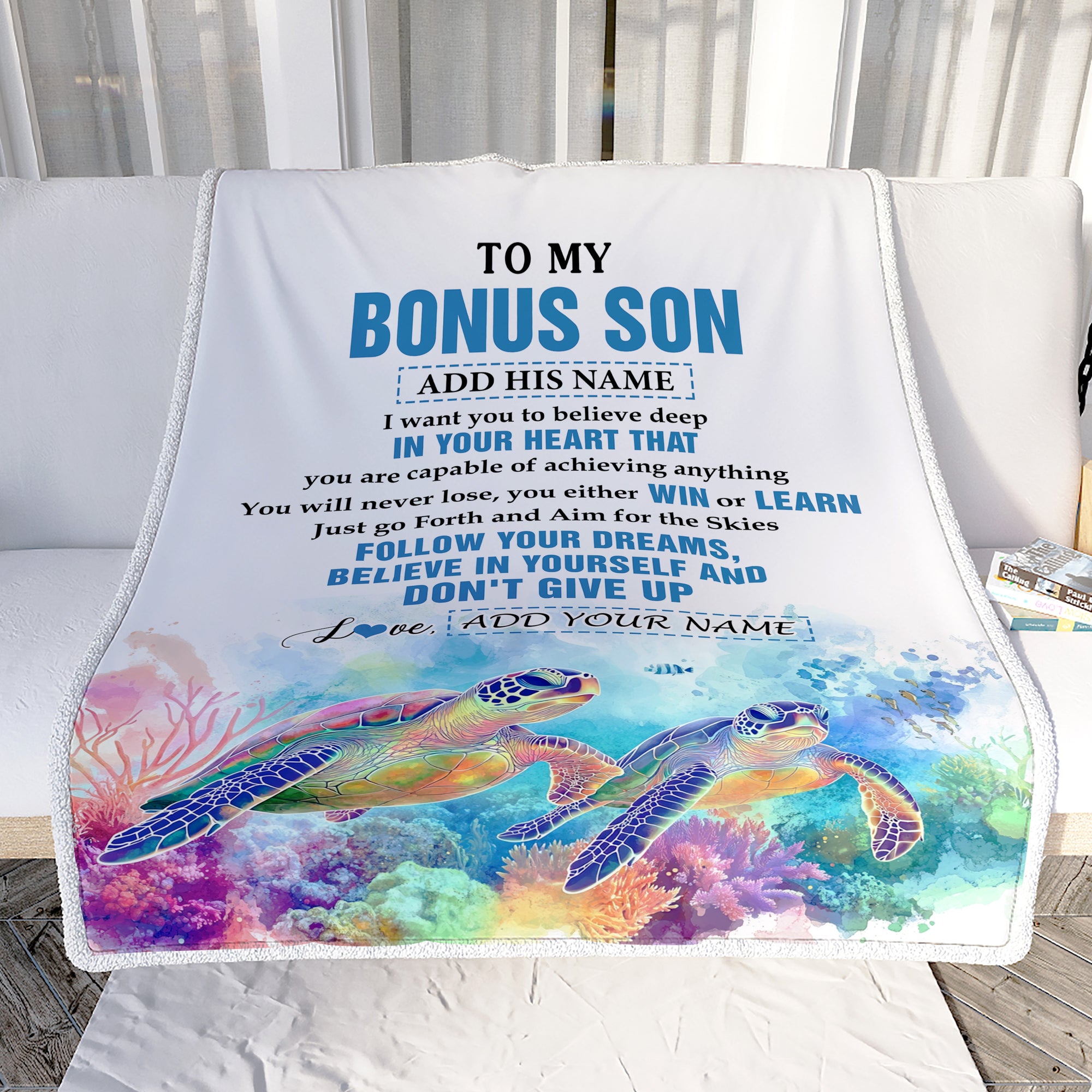 Personalized To My Bonus Son Gifts From Stepmother Stepdad Blanket Don't Give Up Turtle Gifts For Stepson Birthday Graduation Christmas Custom Fleece Blanket | siriusteestore