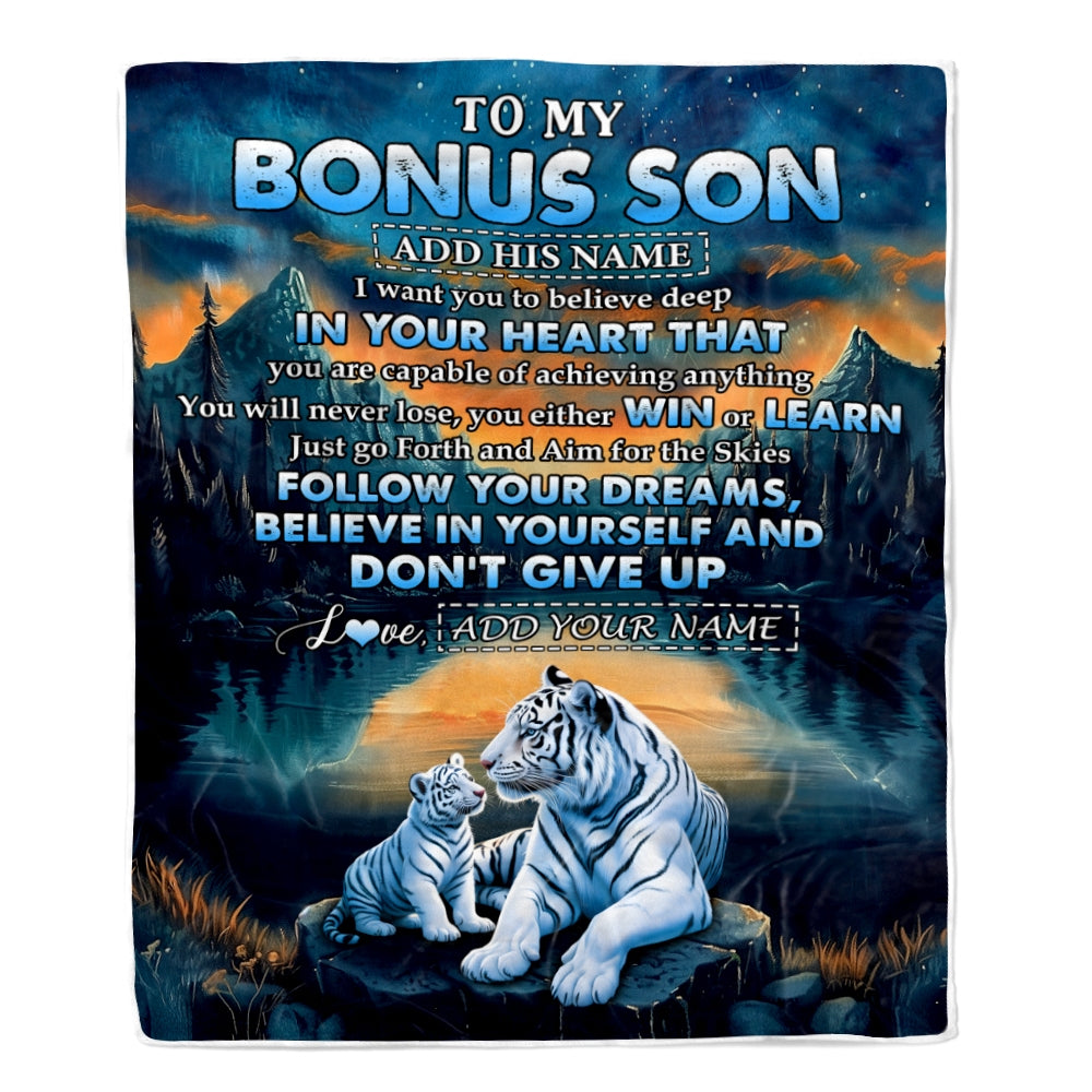 Personalized To My Bonus Son Gifts From Stepmother Stepdad Blanket Don't Give Up White Tiger Gifts For Stepson Birthday Graduation Christmas Fleece Blanket | siriusteestore