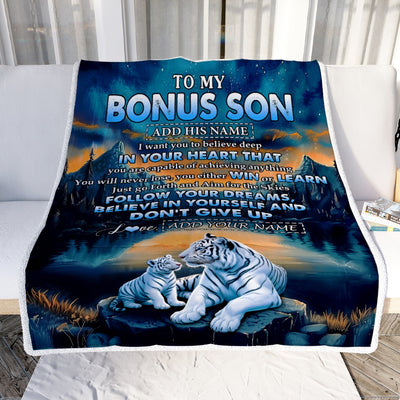 Personalized To My Bonus Son Gifts From Stepmother Stepdad Blanket Don't Give Up White Tiger Gifts For Stepson Birthday Graduation Christmas Fleece Blanket | siriusteestore