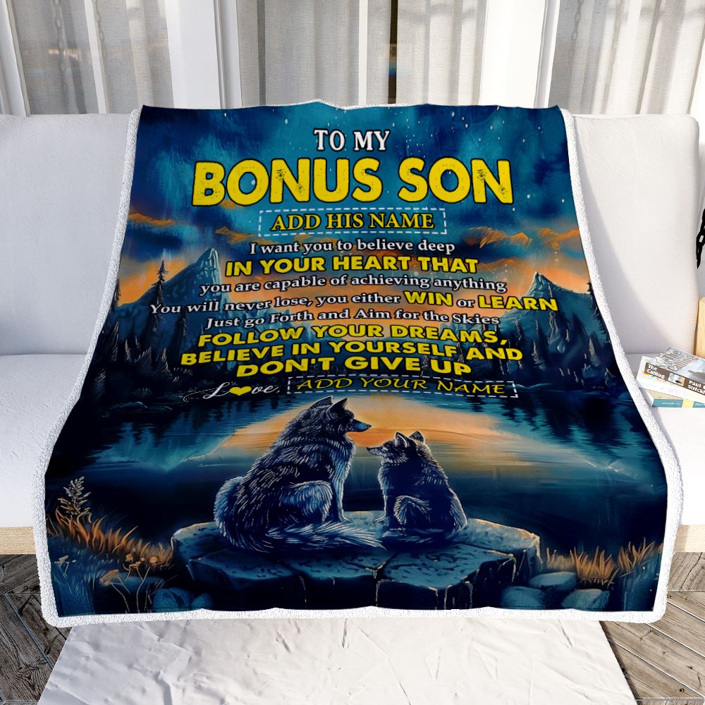 Personalized To My Bonus Son Gifts From Stepmother Stepdad Blanket Don't Give Up Wolf Gifts For Stepson Birthday Graduation Christmas Customized Fleece Blanket | siriusteestore