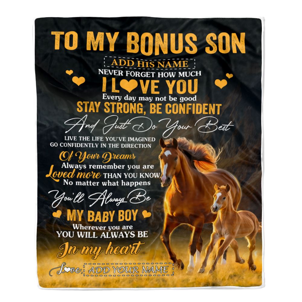 Personalized To My Bonus Son Gifts From Stepmother Stepdad Blanket Horse Never Forget How Much I Love You Stepson Birthday Graduation Christmas Fleece Blanket | siriusteestore