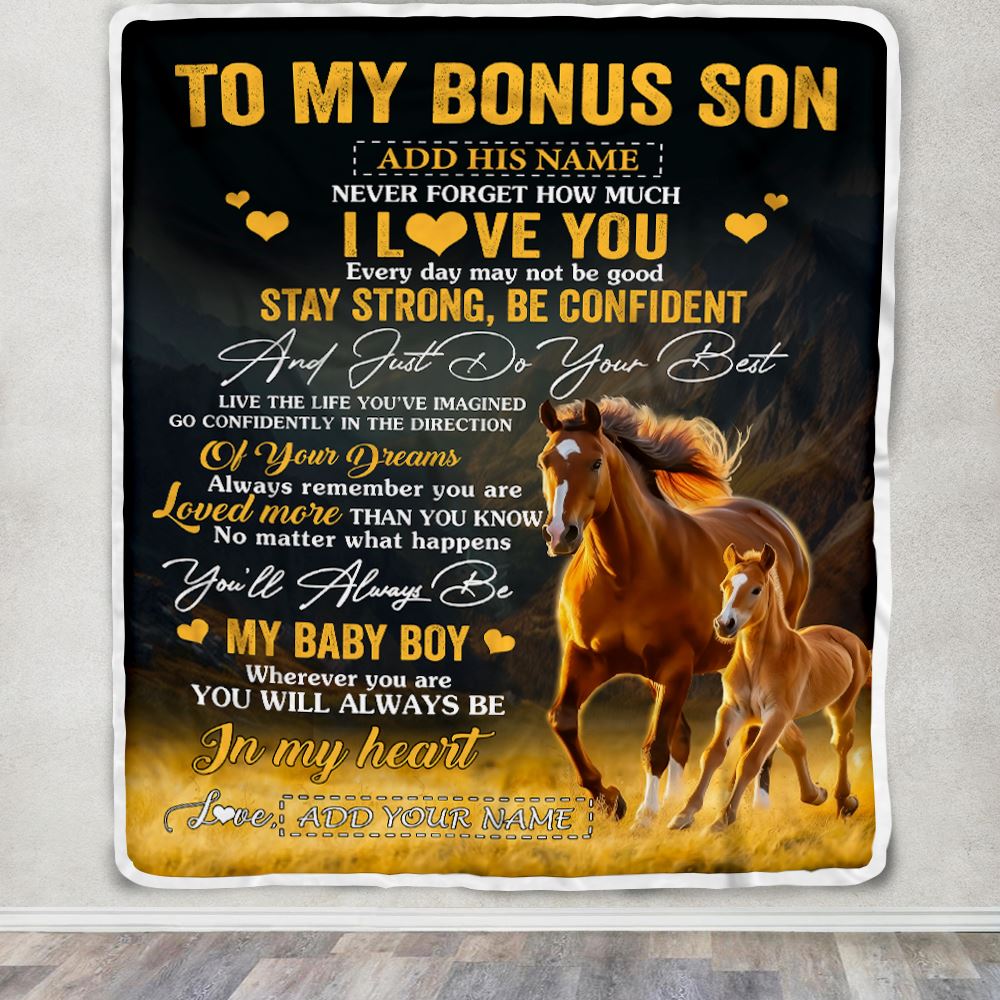 Personalized To My Bonus Son Gifts From Stepmother Stepdad Blanket Horse Never Forget How Much I Love You Stepson Birthday Graduation Christmas Fleece Blanket | siriusteestore