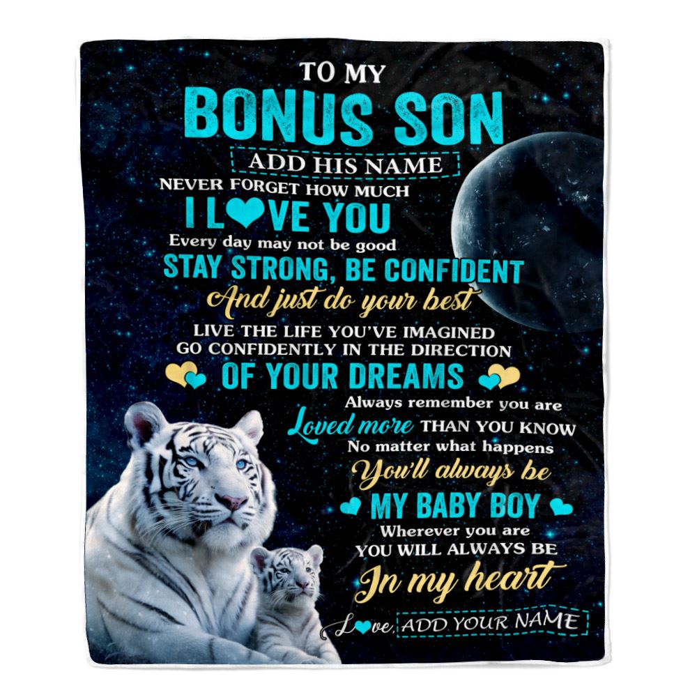 Personalized To My Bonus Son Gifts From Stepmother Stepdad Blanket White Tiger Never Forget How Much I Love You Stepson Birthday Christmas Fleece Blanket | siriusteestore