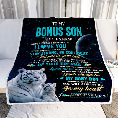Personalized To My Bonus Son Gifts From Stepmother Stepdad Blanket White Tiger Never Forget How Much I Love You Stepson Birthday Christmas Fleece Blanket | siriusteestore