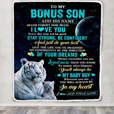 Personalized To My Bonus Son Gifts From Stepmother Stepdad Blanket White Tiger Never Forget How Much I Love You Stepson Birthday Christmas Fleece Blanket | siriusteestore